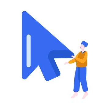 Tiny Man Character at Huge Blue Computer Web Cursor Vector Illustration Stock Illustration