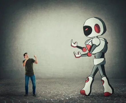 Tiny man fight against giant droid artificial intelligence Stock Photos