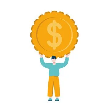 Tiny Man give coin with dollar vector finance sign. Business growth illustration Illustrazione stock