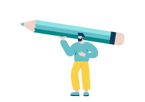 Tiny man holding big turquoise pencil over his head. Concept of search Stock Illustration
