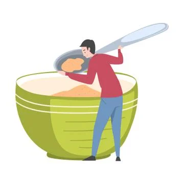 Tiny Man Holding Huge Spoon and Eating Cereal Out of Large Bowl Vector イラスト素材