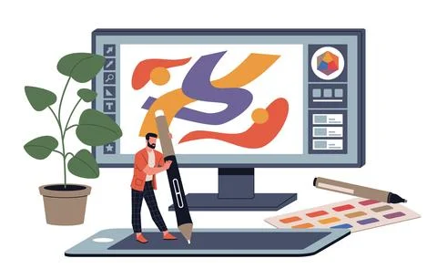 Tiny man holds big pen. Graphic designer draws with stylus on tablet, modern Stock Illustration