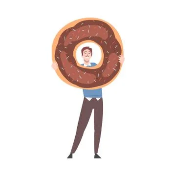 Tiny Man with Huge Chocolate Doughnut Vector Illustration イラスト素材