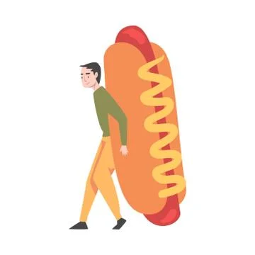 Tiny Man with Huge Hot Dog with Mustard Vector Illustration Illustrazione stock
