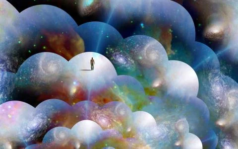 Tiny man in multiverse Stock Illustration