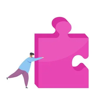 Tiny man pushes a huge piece of the puzzle. Stock Illustration