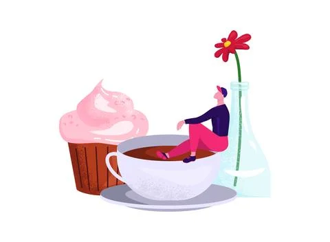 Tiny man sitting in a giant coffee cup beside a large cupcake and flower in a Stock-Illustration