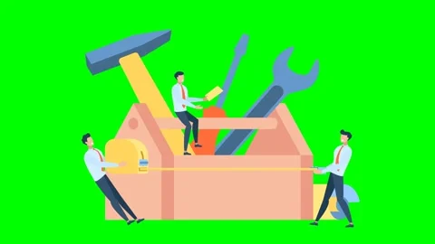 Tiny man use tool. Toolbox with instruments inside. Tool chest with hand tools Stock Footage 294378266