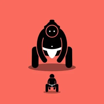 Tiny man vs big Japanese sumo fighter. Vector artwork depicts a small person  Stock Illustration