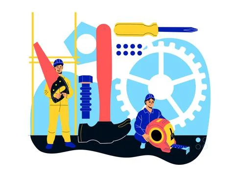 Tiny mechanics. Workers in uniform, breakage elimination process, abstract Stock Illustration
