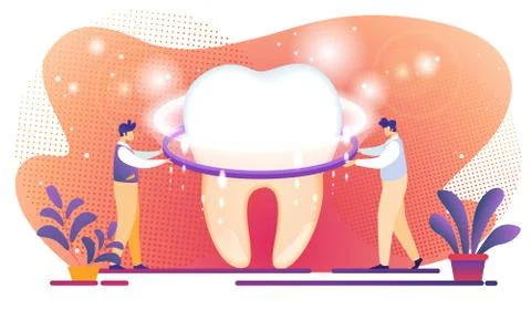 Tiny Men Set Up Shining Screen on Giant Tooth. Stock Illustration