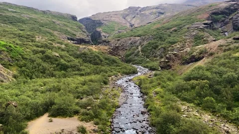 Tiny mountain river flowing through rocky valley in Iceland on misty day 動画素材 265136742