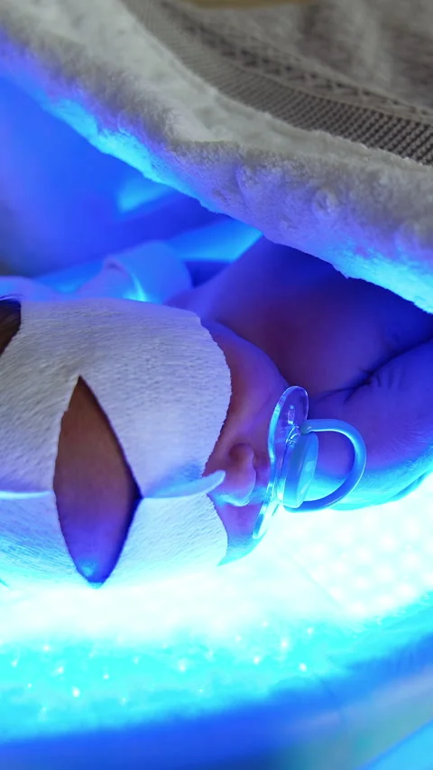 Tiny newborn baby it cured from the childhood jaundice. Stock Footage 296544210