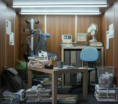 Tiny office interior with desk and lots of paperwork Stock Photos