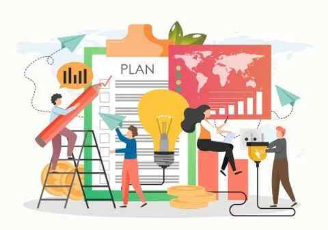Tiny office people making mark in business plan with giant pencil, launching Stock Illustration