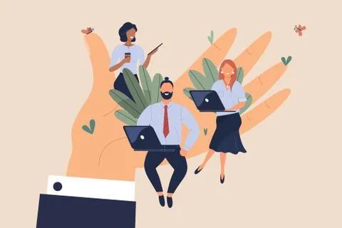 Tiny office workers sitting on huge hand Stock Illustration