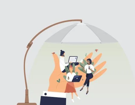 Tiny office workers sitting on huge hand under umbrella Stock Illustration