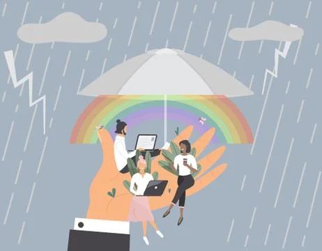 Tiny office workers sitting on huge hand under umbrella Stock Illustration