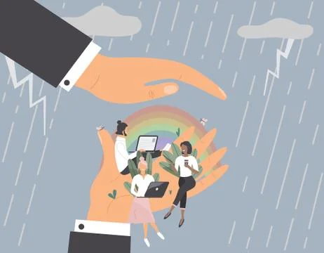 Tiny office workers sitting on huge hand under other hand as under shelter Stock Illustration