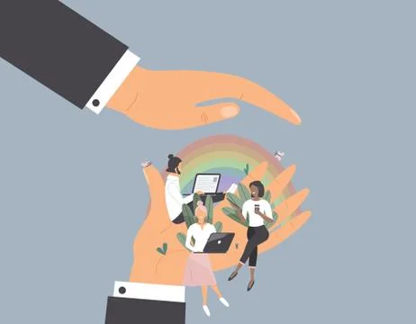 Tiny office workers sitting on huge hand under other hand as under shelter Stock Illustration