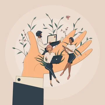 Tiny office workers sitting on huge hand Stock Illustration