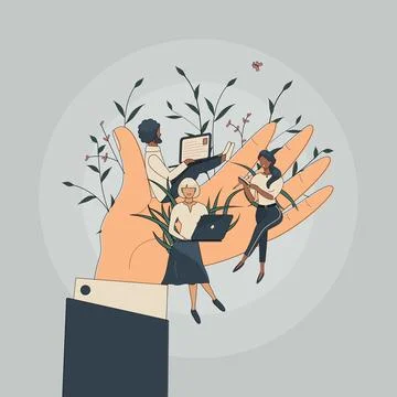 Tiny office workers sitting on huge hand. Concept of good comfortable Stock Illustration