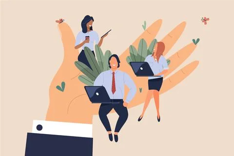 Tiny office workers sitting on huge hand Stock Illustration