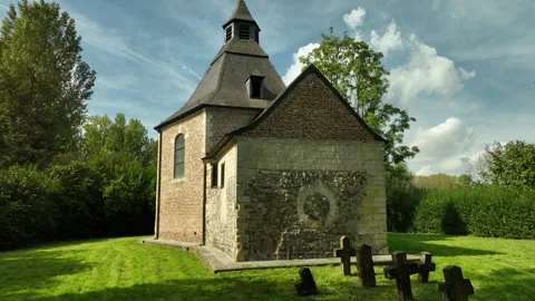 Tiny Old Chapel with Gravestones, Dolly In Tilt Up Low Angle, Offelken Video stock 252281822