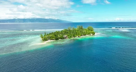 Tiny palm-covered motu sits isolated amid vast turquoise lagoon, surrounding 스톡 동영상 339127870