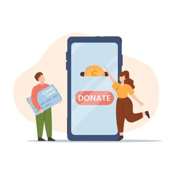 Tiny people and huge mobile phone screen with donate button flat style Stock Illustration
