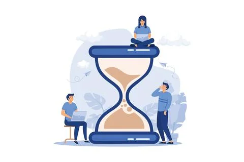 Tiny people and huge sand glass flat vector illustration. Cartoon team work.. Stock-Illustration