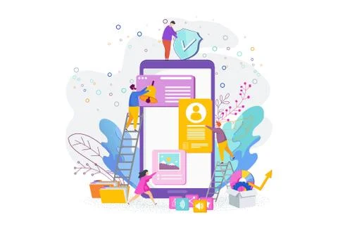 Tiny people are designing a mobile website. Stock Illustration