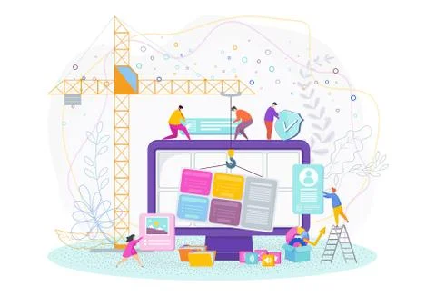 Tiny people are designing a website. Web design, development. Stock Illustration