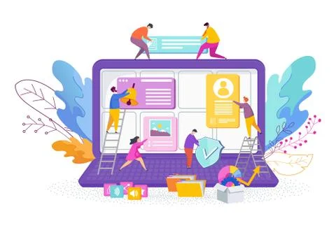 Tiny people are designing a website. Web design, development. 스톡 일러스트