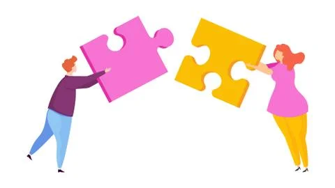 Tiny people assemble a puzzle. Metaphor of teamwork. Stock Illustration