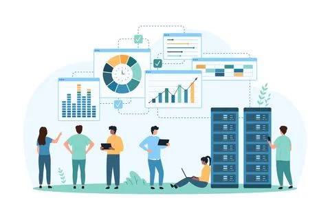 Tiny people big data concept mono Stock Illustration