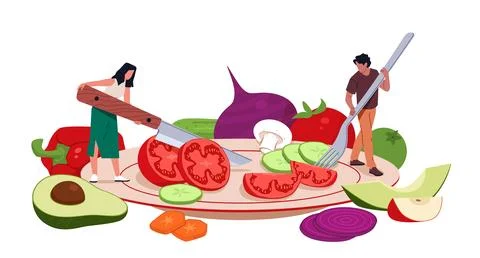 Tiny people with big fork and knife. Man and woman cutting vegetables, salad イラスト素材