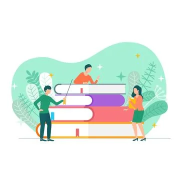 Tiny people book lovers reading books sitting, lying and standing next to stack Stock Illustration