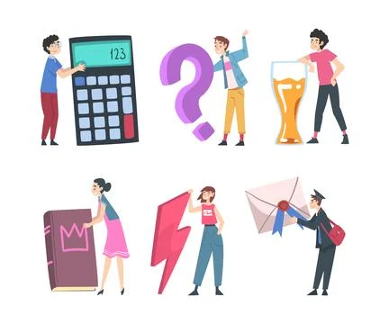 Tiny People Characters Holding Huge Objects Vector Set Stock Illustration