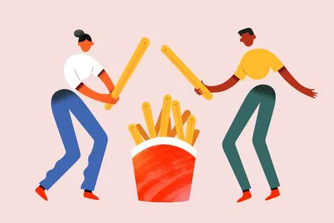 Tiny people characters playing with french fries potato, holding potato sticks Stock-Illustration