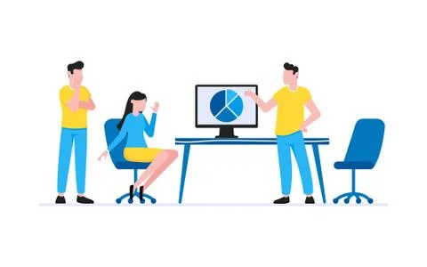 Tiny people characters working together with table and computer. Stock Illustration