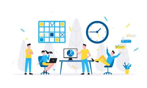 Tiny people characters working together with table and computer. Stock Illustration