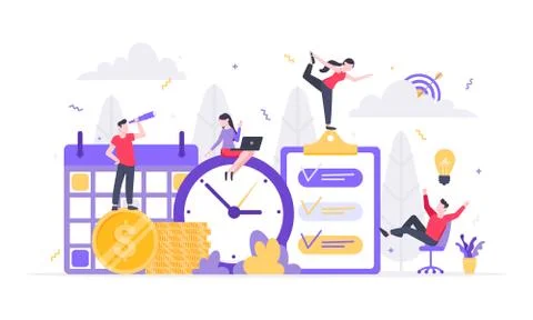 Tiny people characters working together with clock, character people and money Stock Illustration