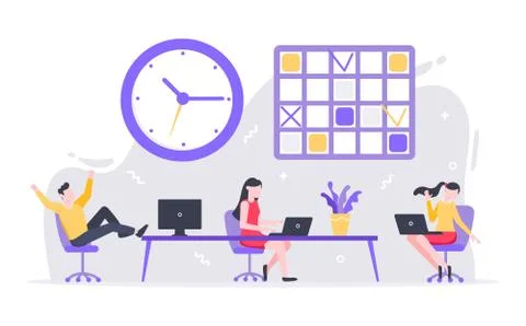 Tiny people characters working together with table and computer. Stock Illustration