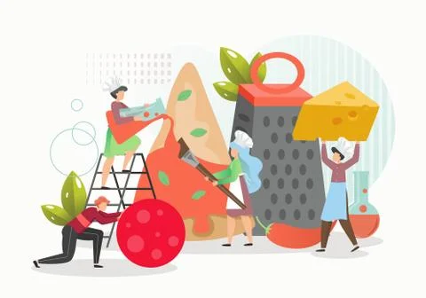 Tiny people in chef hats making giant pizza with cheese, tomato, pepper, flat Illustrazione stock