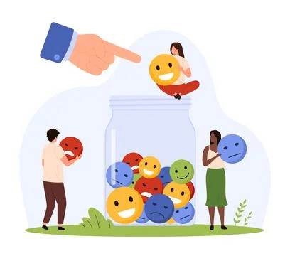 Tiny People Choosing Emoji Feedback Faces Stock-Illustration