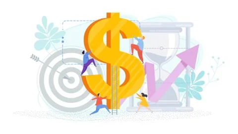 Tiny people climb a huge dollar. Illustrazione stock