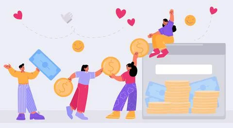 Tiny people collect coins to huge box, donation Stock Illustration