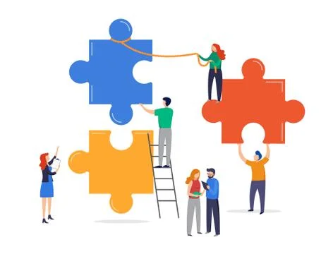 Tiny people connecting giant puzzle elements. Teamwork concept, cooperation Stock Illustration