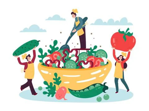 Tiny people cook salad. Characters drag huge vegetables into large salad bowl Illustrazione stock